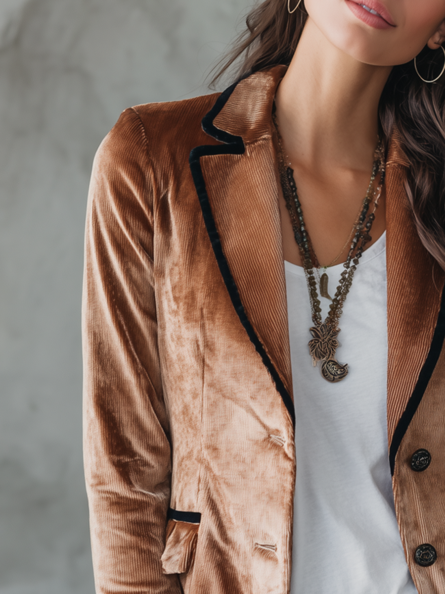 Retro Contrast Trim Velvet Blazer