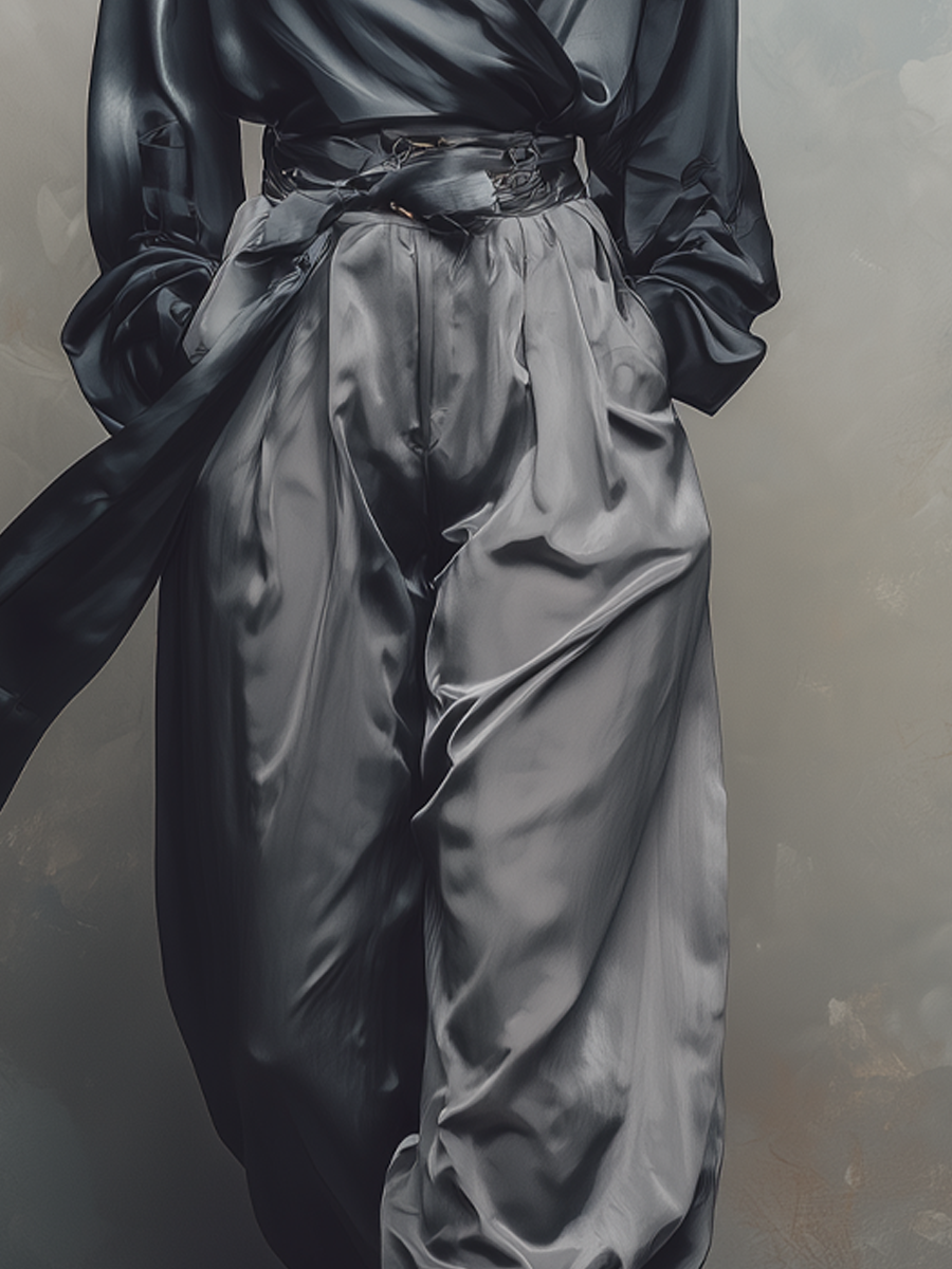 Retro Crossover Neck Blouse And Wide Leg Pants Set