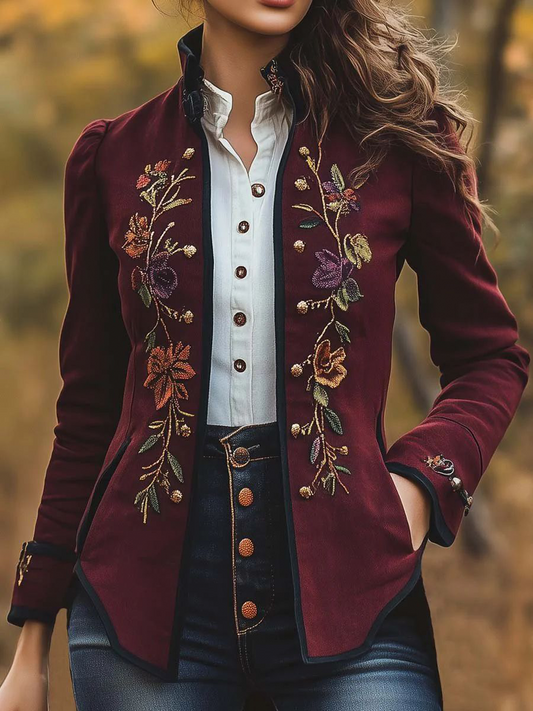 Vintage Slim-fit Stand Collar Floral Embroidered Jacket