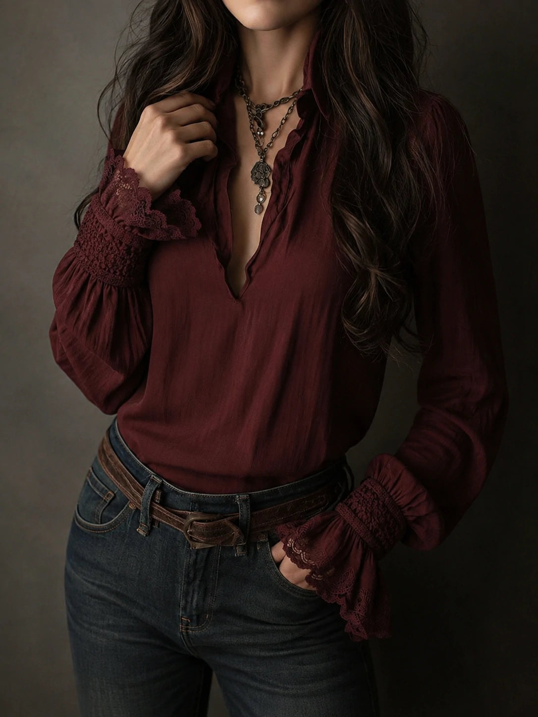 Boho V-Neck Deep Wine Red Blouse With Lace Cuffs