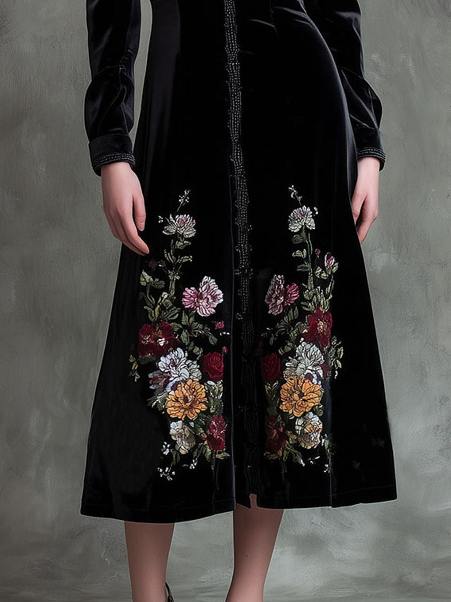 Vintage Floral Embroidered Velvet A-Line Midi Dress With High Collar