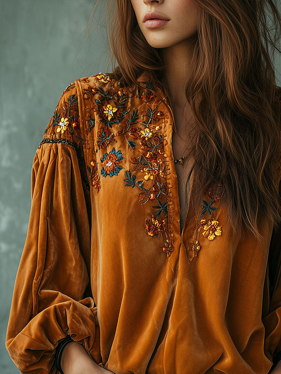 Boho Mustard Yellow Embroidered Velvet Blouse