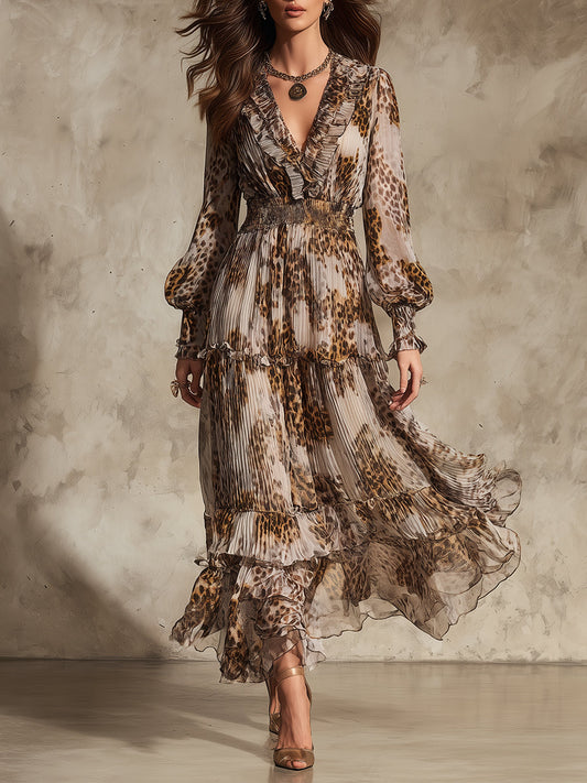 Vintage Leopard Print Ruffled Neckline Pleated Chiffon Maxi Dress