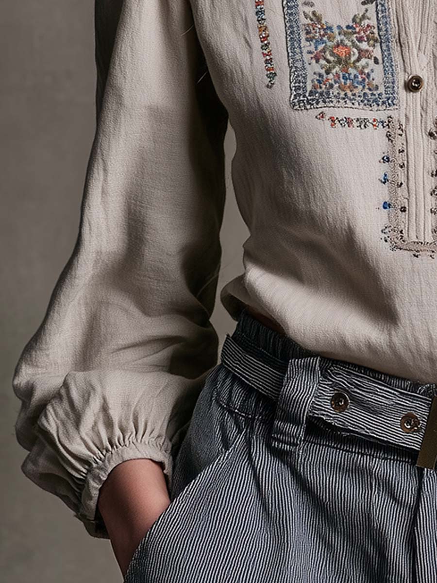 Vintage Embroidered Boho Linen Blouse