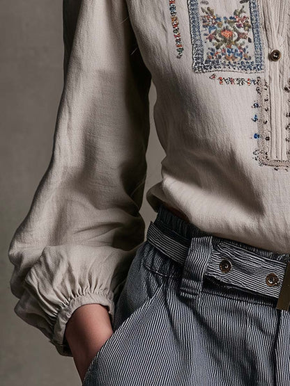 Vintage Embroidered Boho Linen Blouse
