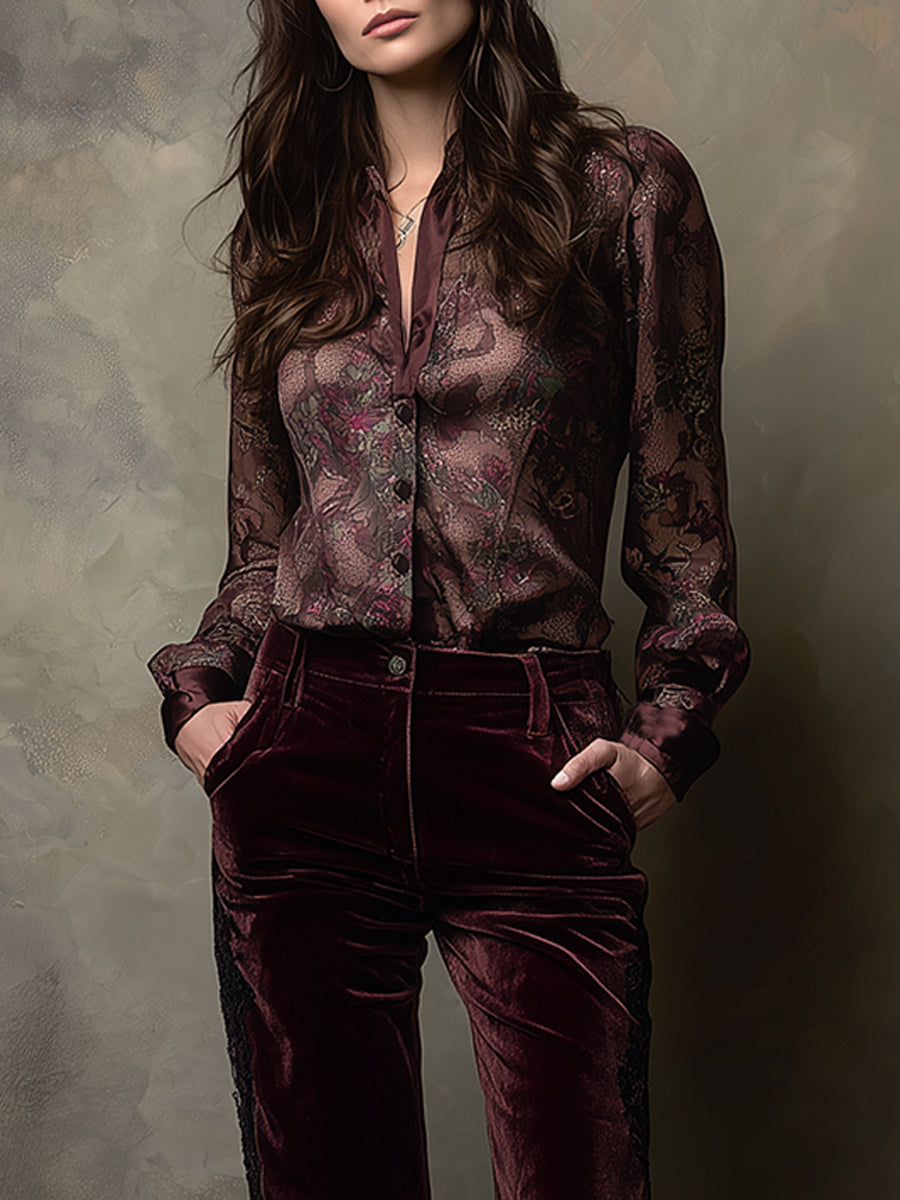 Retro Printed Satin Front Seam Patchwork Blouse