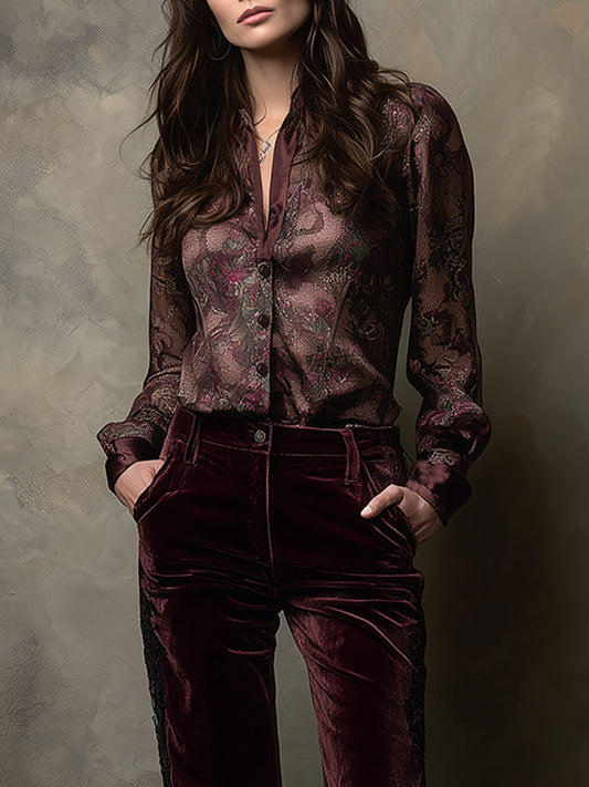 Retro Printed Satin Front Seam Patchwork Blouse