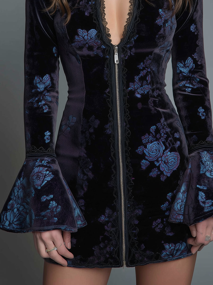 Vintage Floral Lace-trimmed Slim-fit Polyester Velvet Mini Dress