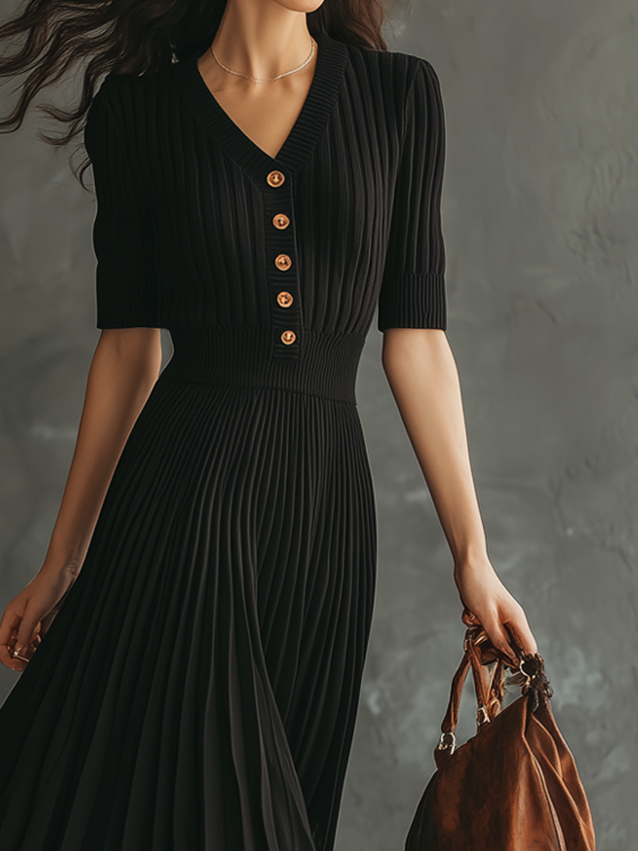 Retro Half Sleeves Pleated Knitted Maxi Dress