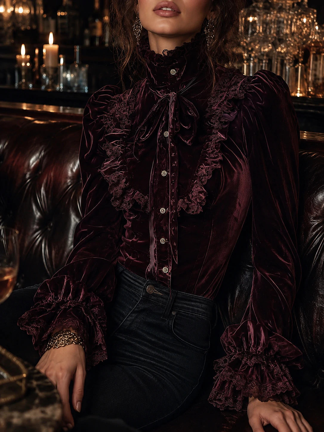 Garnet Red Romance Victorian Velvet Ruffle Blouse