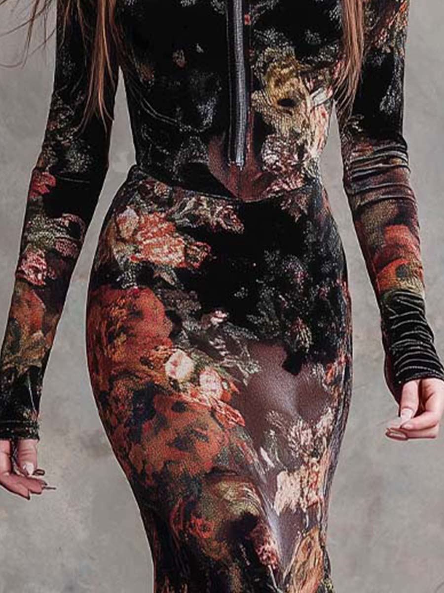 Floral Print Velvet Mermaid Maxi Dress