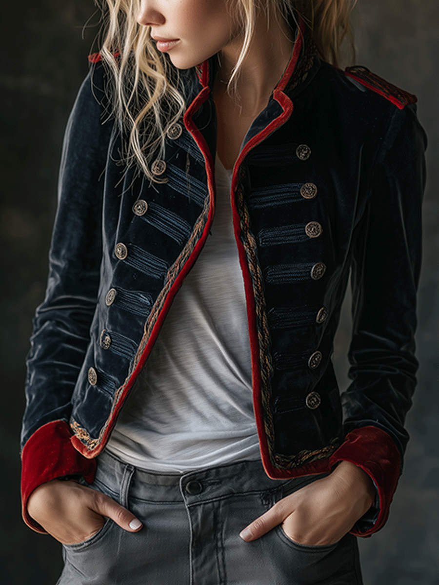 Retro Chic Velvet Military Style Double-Breasted Jacket