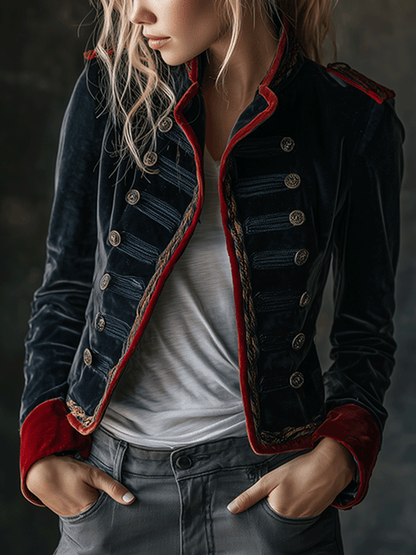 Retro Chic Velvet Military Style Double-Breasted Jacket