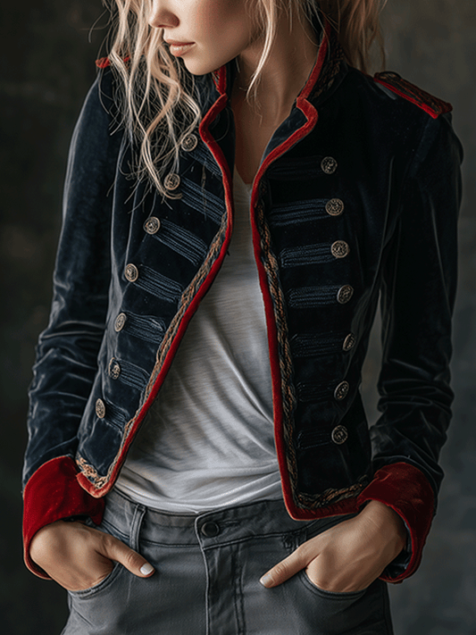 Retro Chic Velvet Military Style Double-Breasted Jacket
