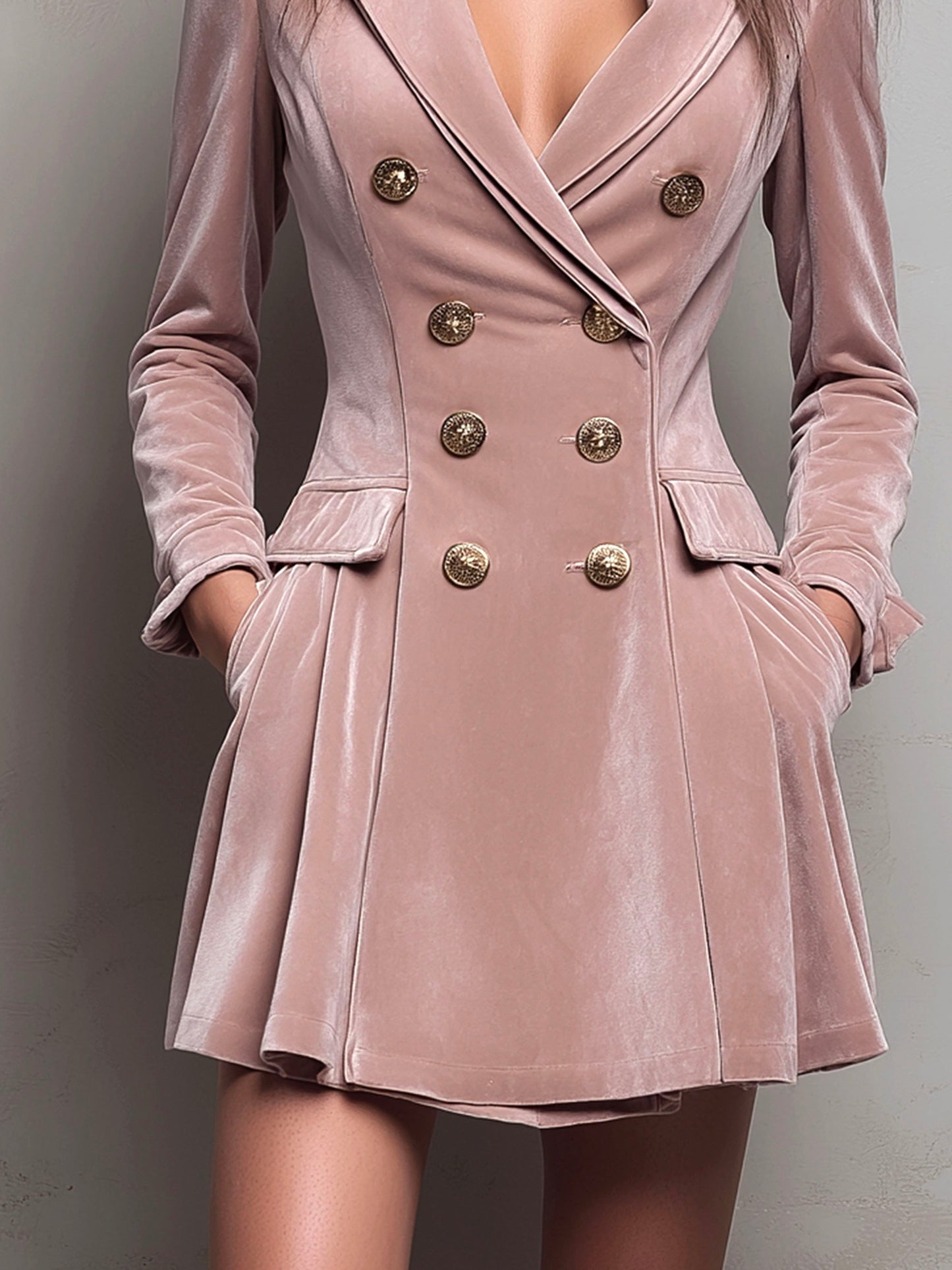 Elegant Blush Pink Double-Breasted Velvet Blazer Dress With Flared Hem