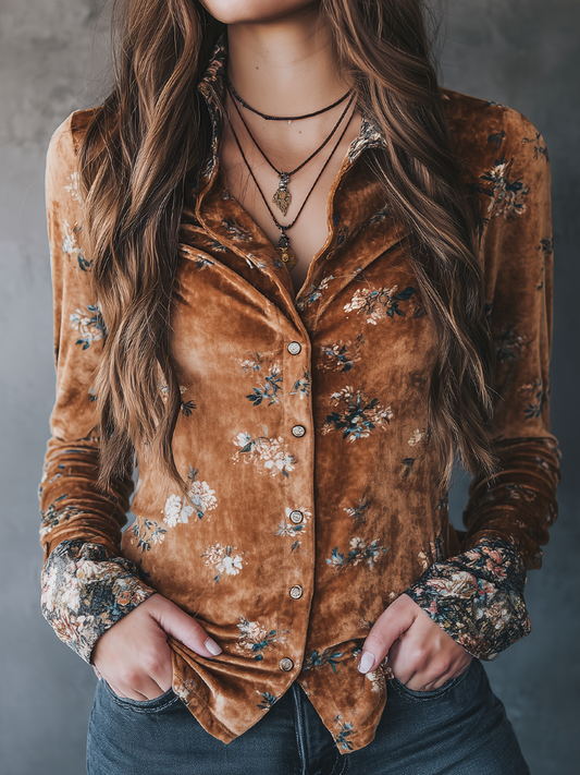 Vintage Floral Velvet Long-Sleeved Blouse