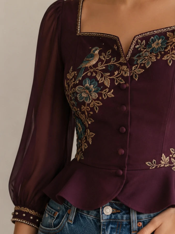 Plum Bird & Floral Embroidered Peplum Blouse