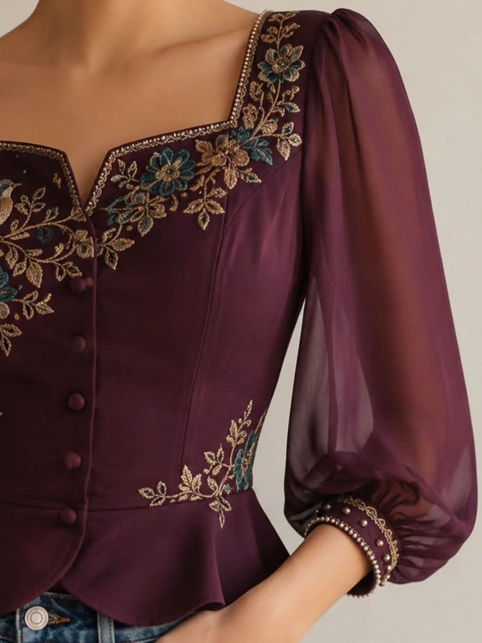Plum Bird & Floral Embroidered Peplum Blouse