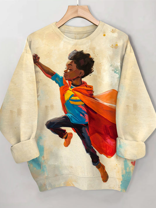 Women's Super Hero Black Boy Print Casual Sweatshirt
