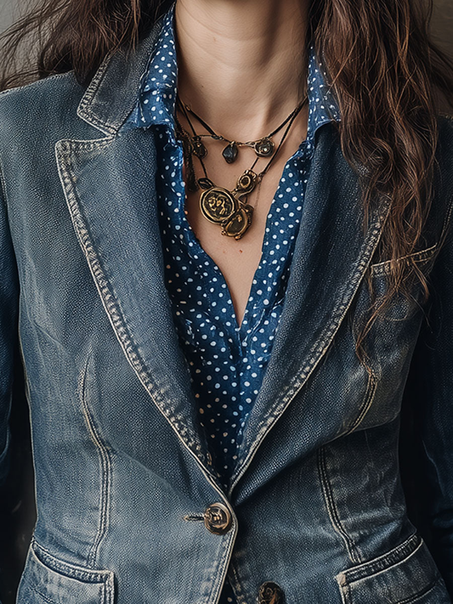 Retro Washed Distressed Lapel Denim Blazer