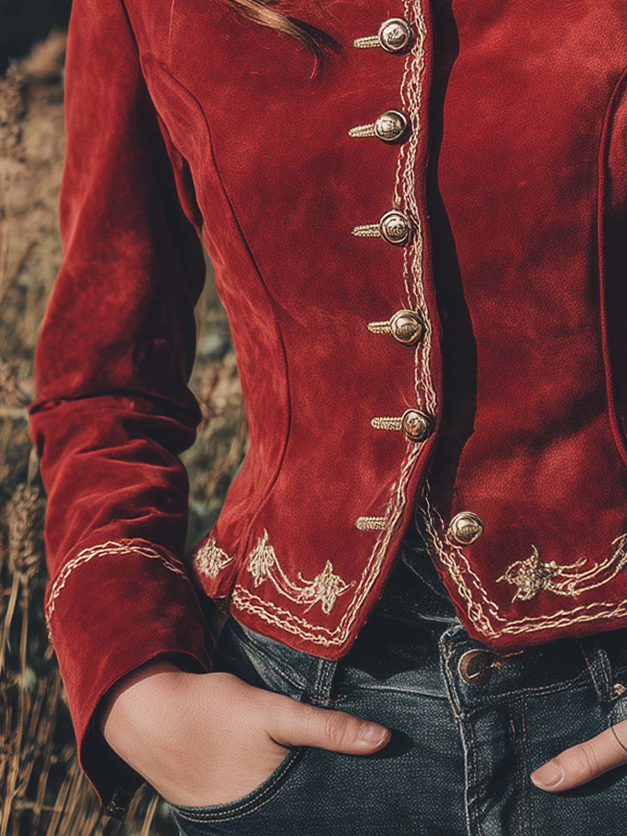 Vintage Crimson Baroque Embroidered Microsuede Blazer