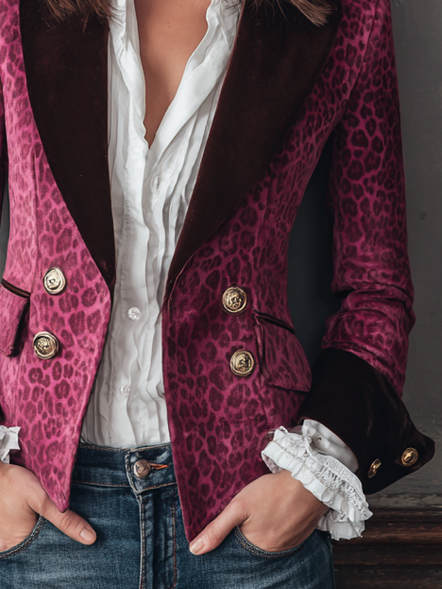 Vintage Contrast Cuffs Leopard Print Polyester Velvet Blazer