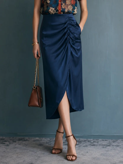 Navy Satin Ruched Front-Slit Midi Skirt