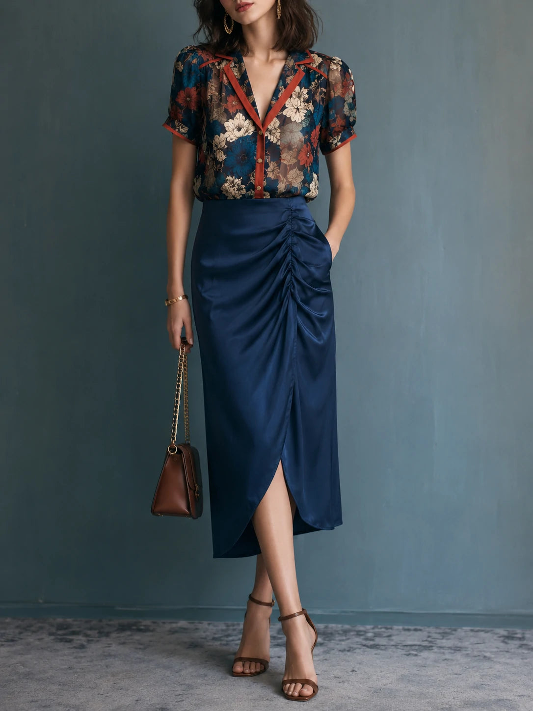 Navy Satin Ruched Front-Slit Midi Skirt