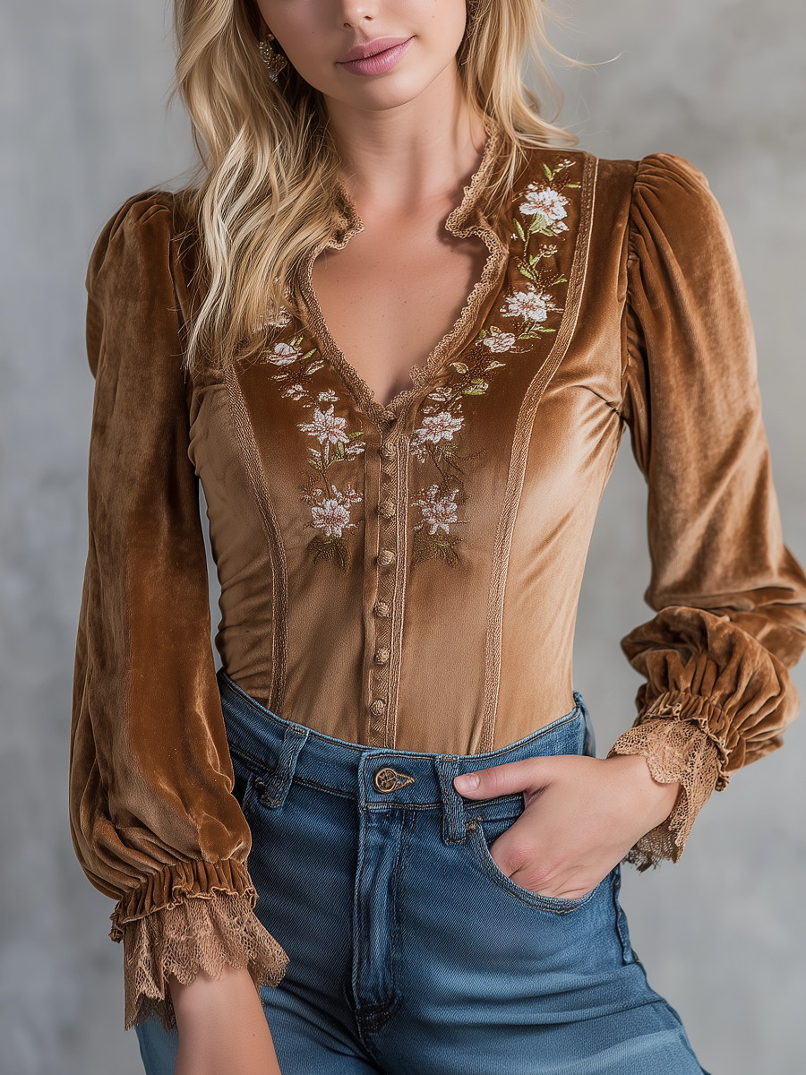 Vintage Embroidered Lace Velvet Blouse
