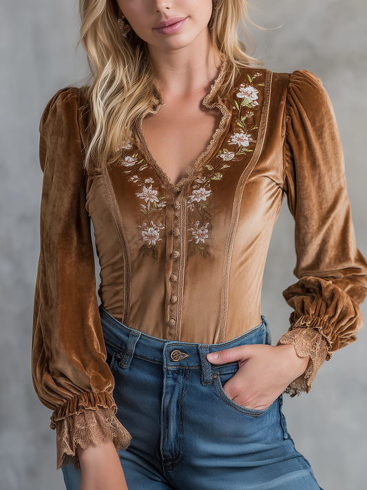 Vintage Embroidered Lace Velvet Blouse