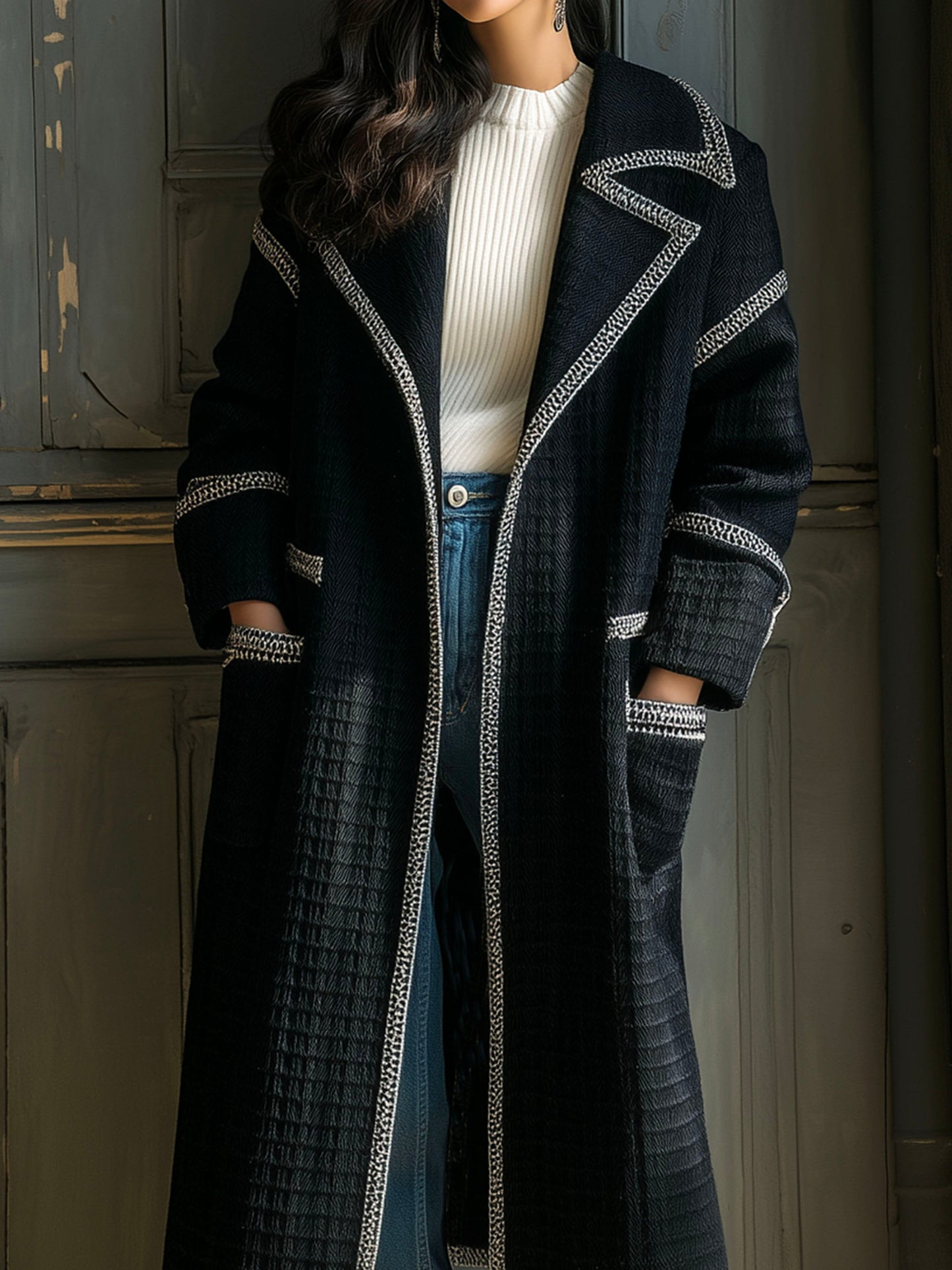 Elegant Textured  Quilted Contrast Trim Long Coat With Pockets