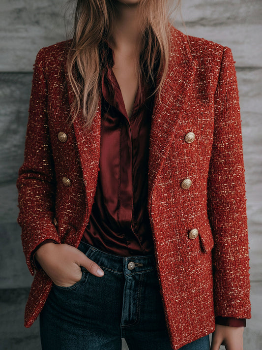 Elegant Red Double-Breasted Gold Button Tweed Blazer