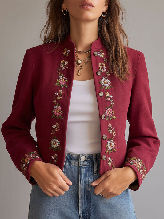 Retro Stand Collar Floral Embroidered Short Jacket