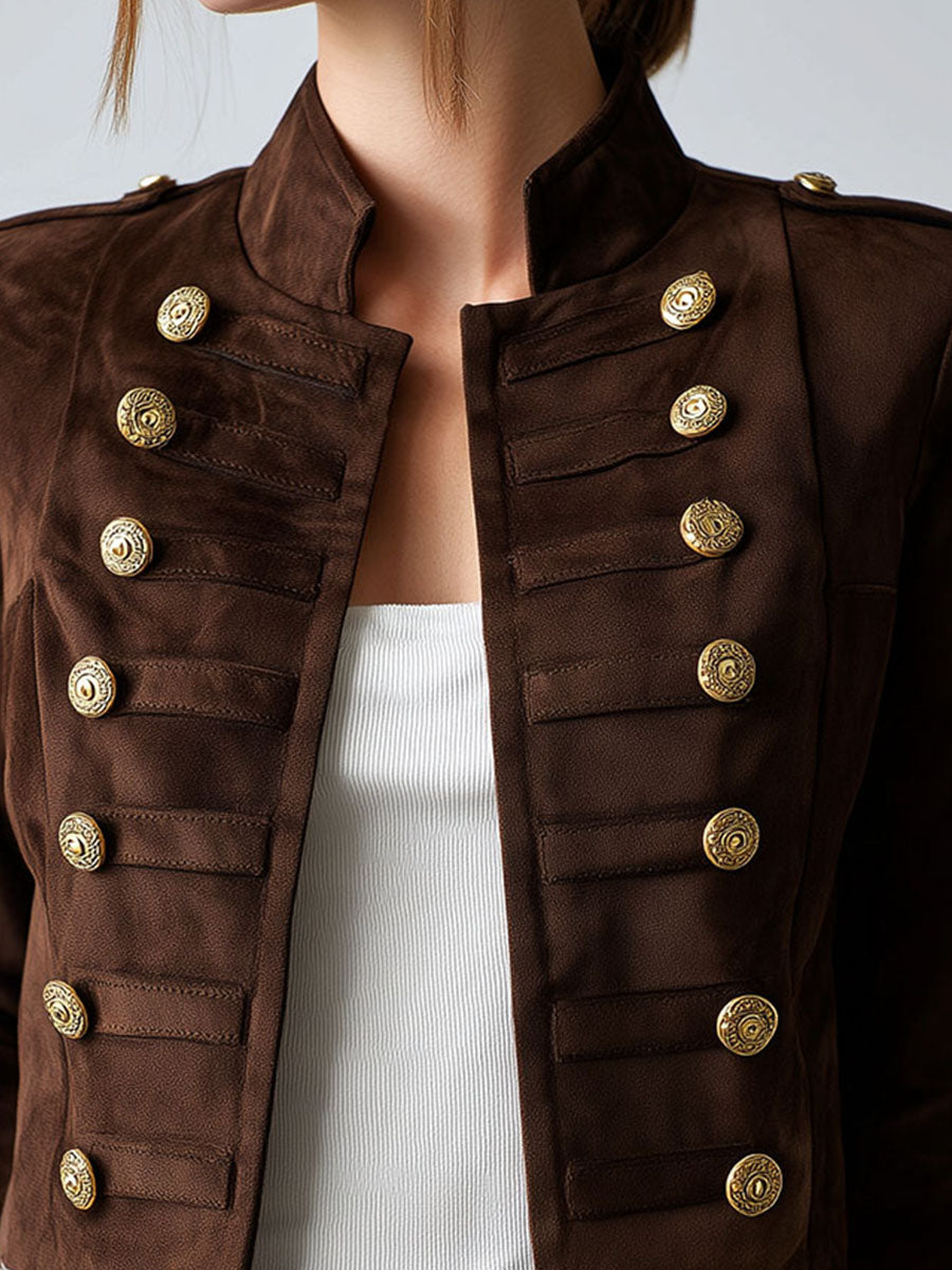 Vintage Military-Style Cropped Suede Jacket With Gold Buttons