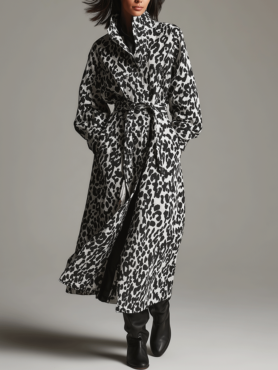Abstract Pattern Black & White Wool Maxi Coat