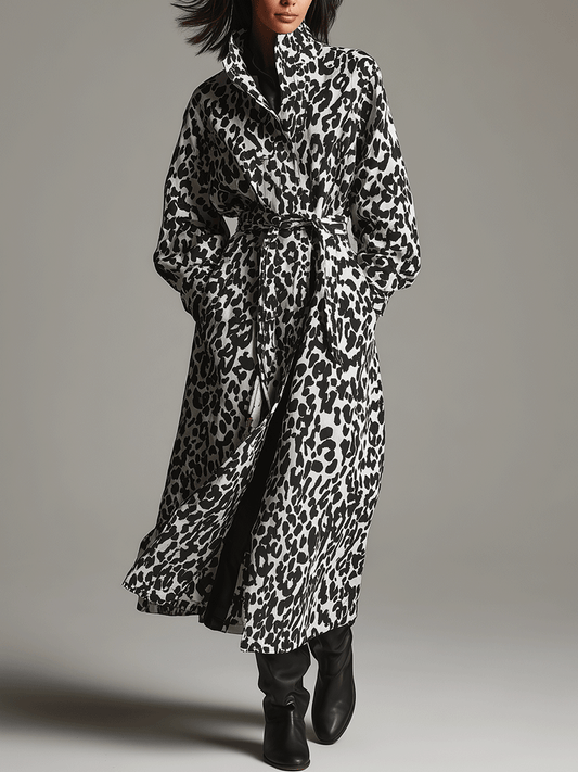 Abstract Pattern Black & White Wool Maxi Coat
