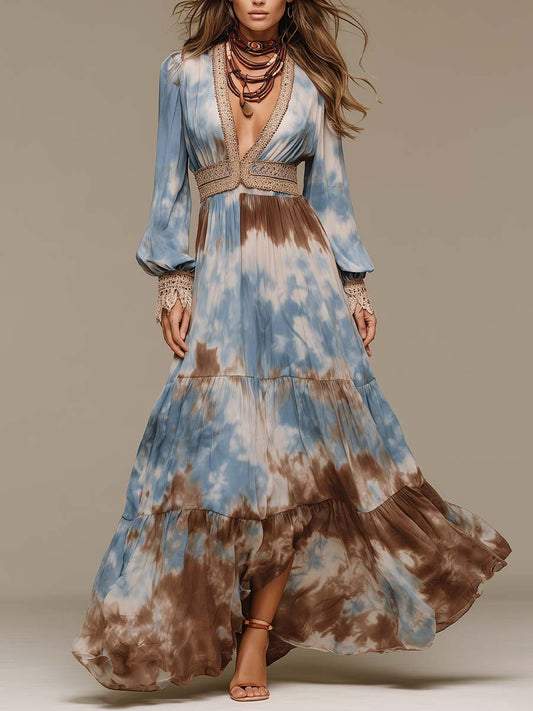 Bohemian Tie-dye Print Crochet Maxi Dress