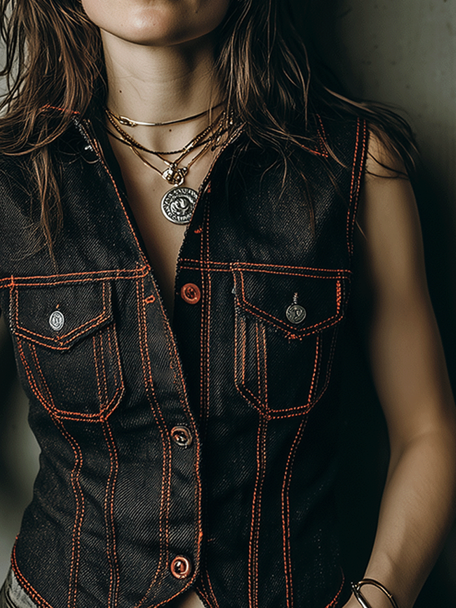 Vintage Slim Fit Washed Contrast Stitching Black Denim Vest