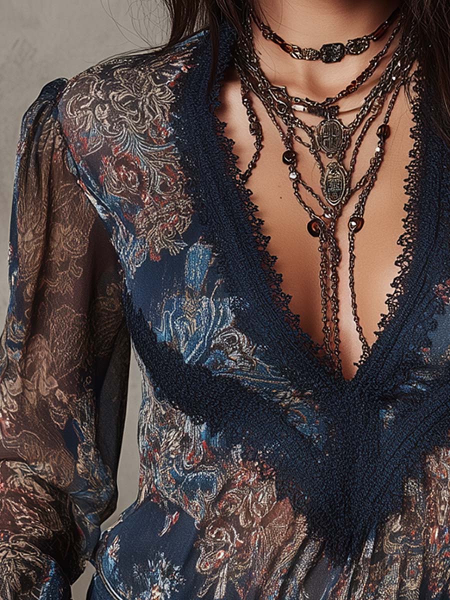 Boho Vintage Floral Blouse Sheer Lace Shirt