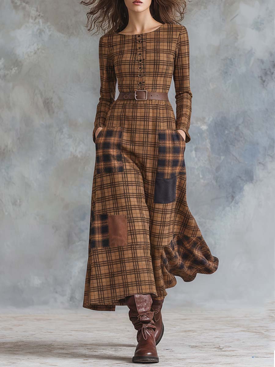 Sudan Brown Printed Suede-Effect Plaid Maxi Dress