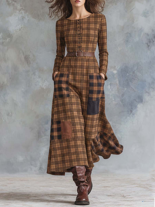 Sudan Brown Printed Suede-Effect Plaid Maxi Dress