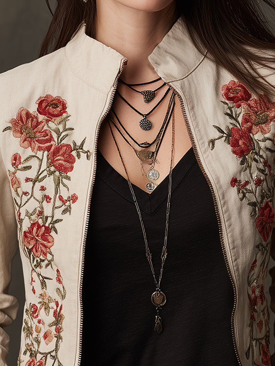 Retro Stand Collar Floral Embroidered Front Zipper Cropped Jacket