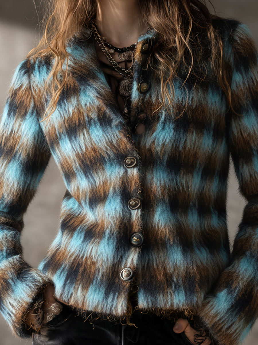 Retro Contrast Check Wool Cropped Slim Jacket