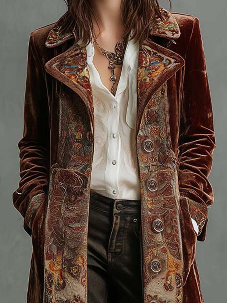 Velvet Paisley Trim Maxi Coat