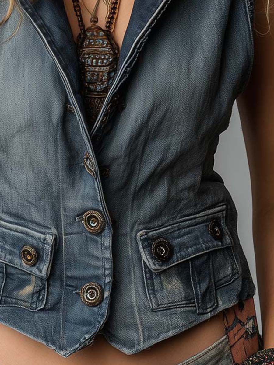 Vintage Workwear Style Distressed Blue Jean Vest