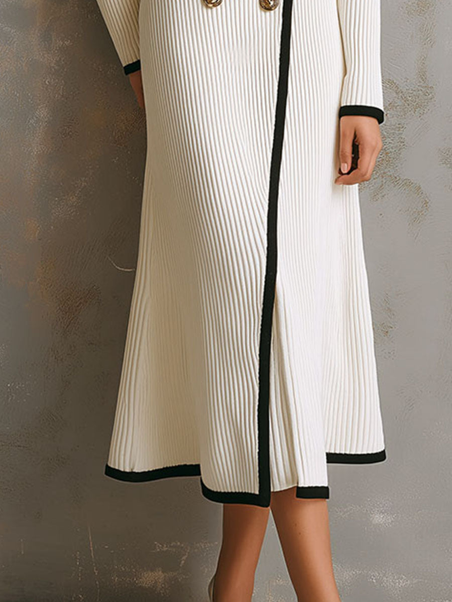 Elegant Ribbed Knit Blazer-Inspired Gold Buttons Midi Dress
