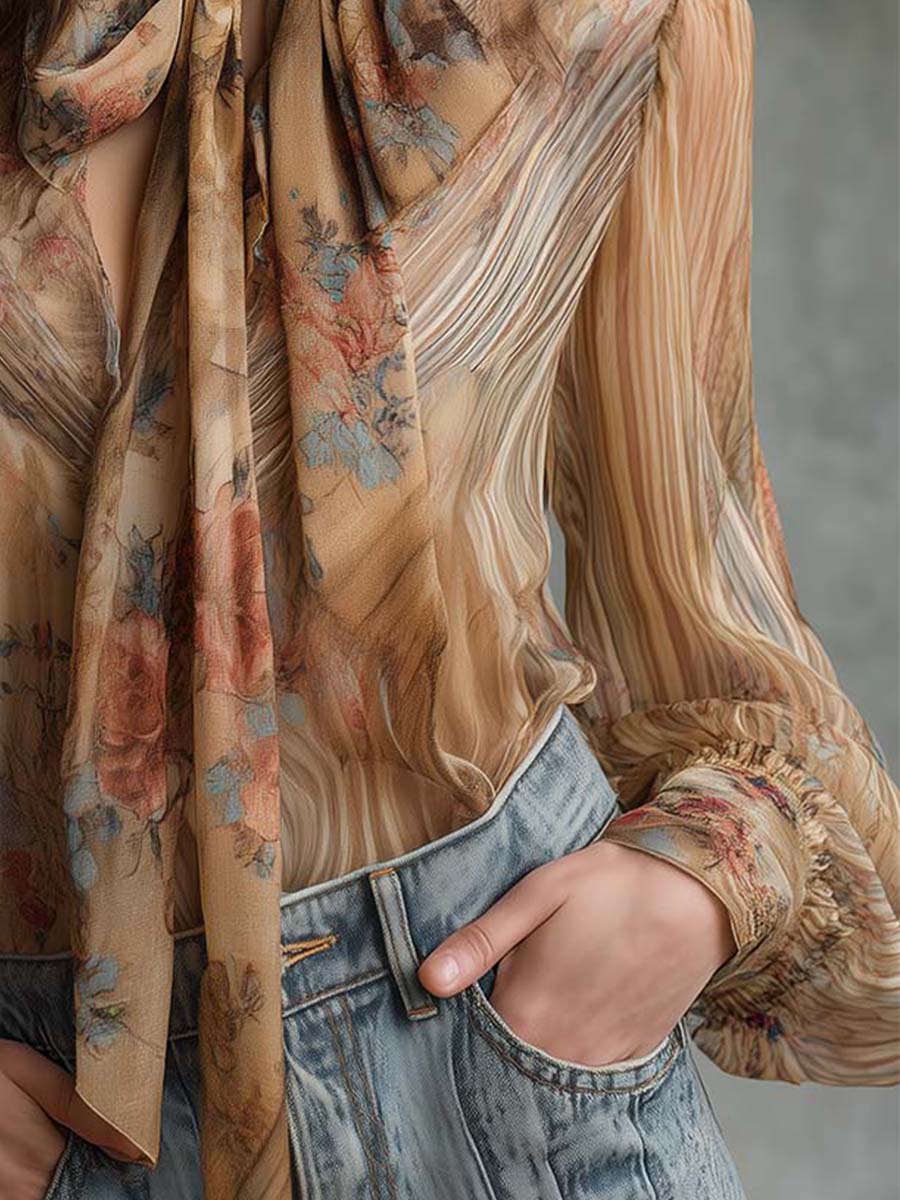 Vintage Floral Bow-Tie Blouse