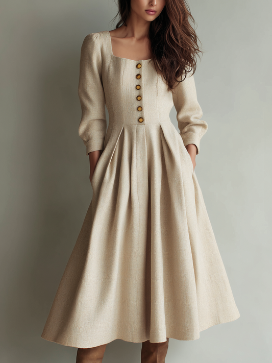 Vintage Tweed Button Square Neck Long Sleeve Midi Dress