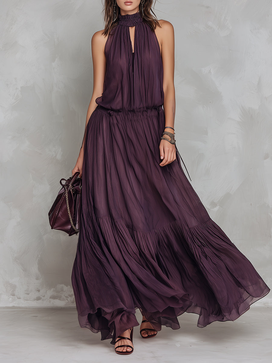 Stylish Tencel Keyhole Collar Ruffle Hem Maxi Dress