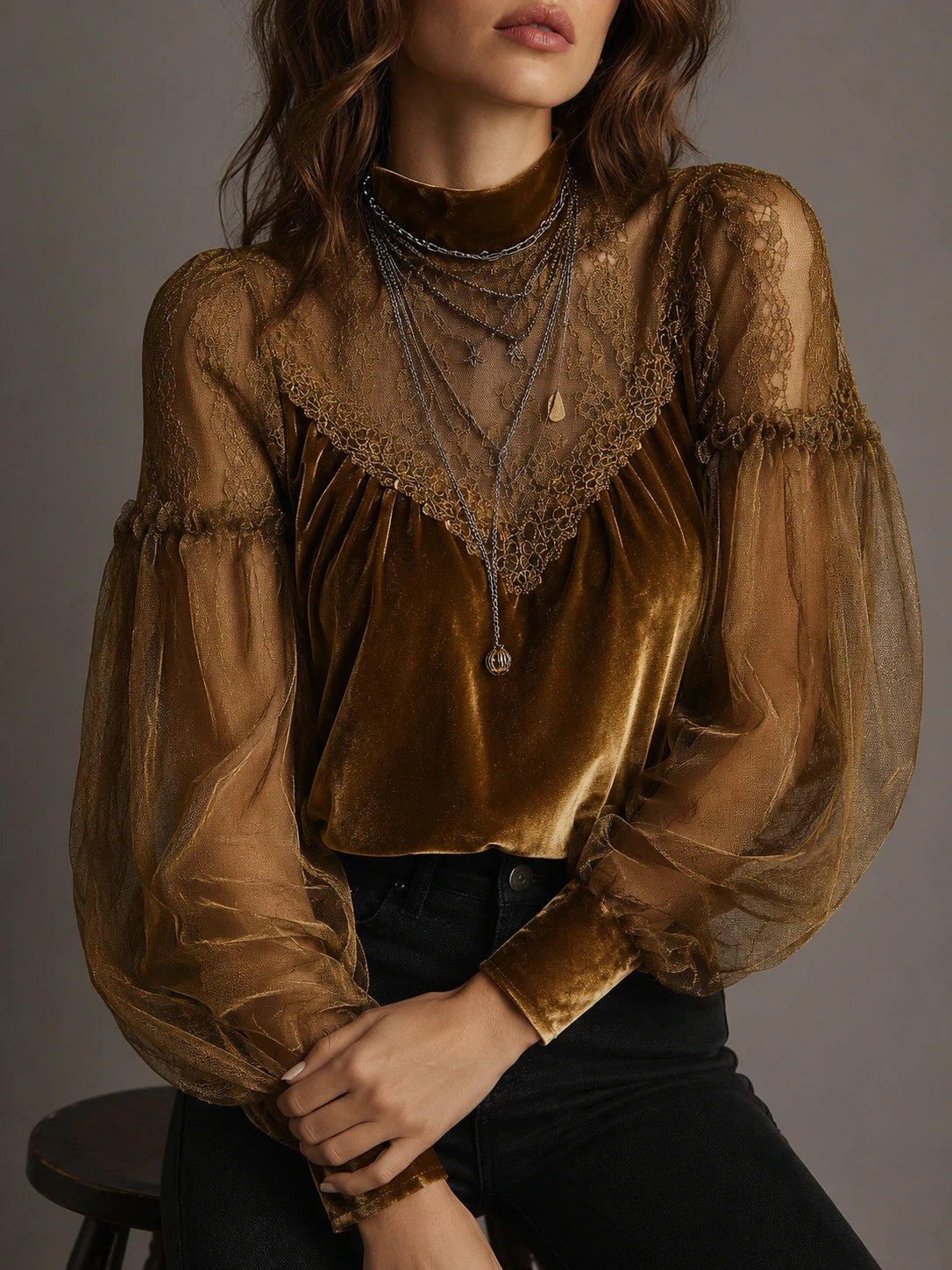 Retro Gold Velvet Lace Patchwork Balloon Sleeve Blouse